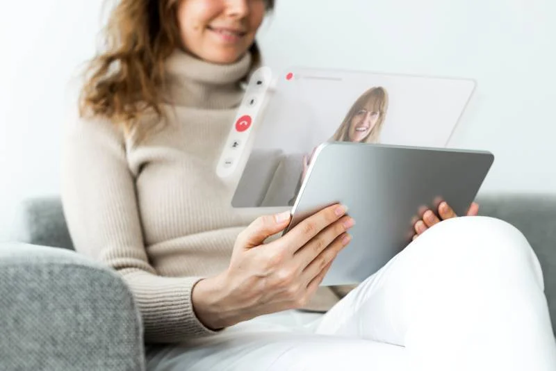 Pessoa em sessão de terapia online pelo tablet